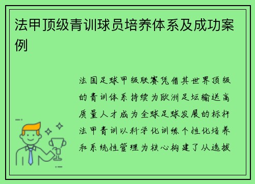 法甲顶级青训球员培养体系及成功案例
